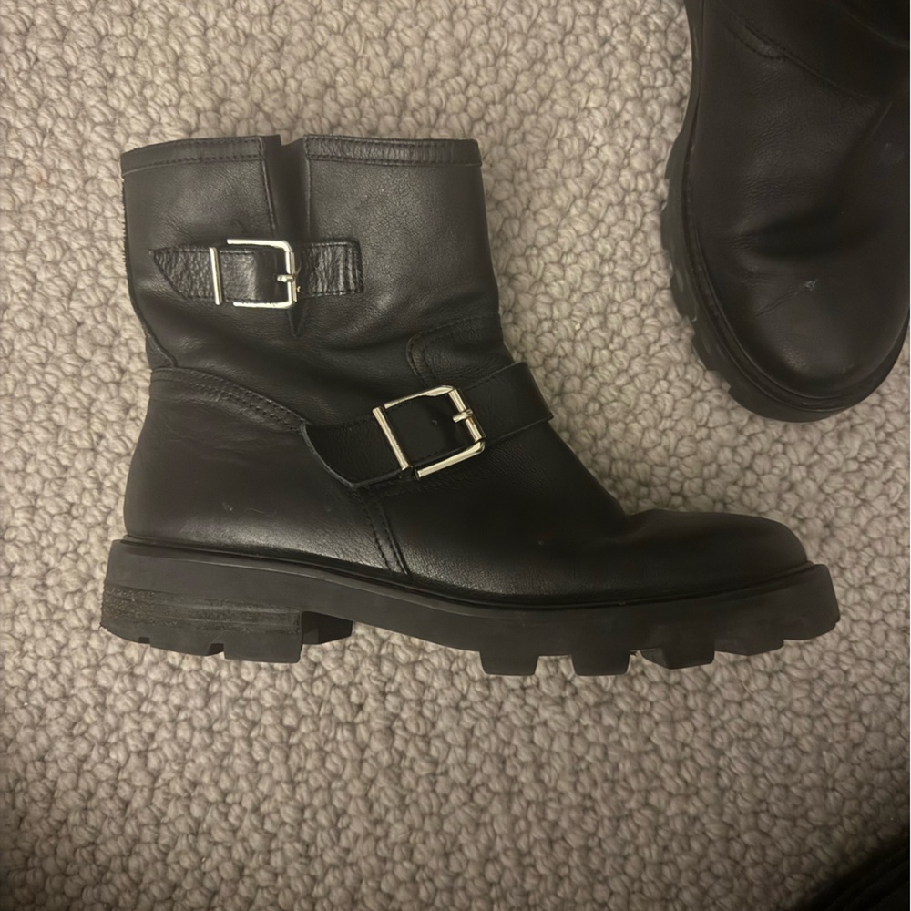 Black Leather Buckle Combat Boots